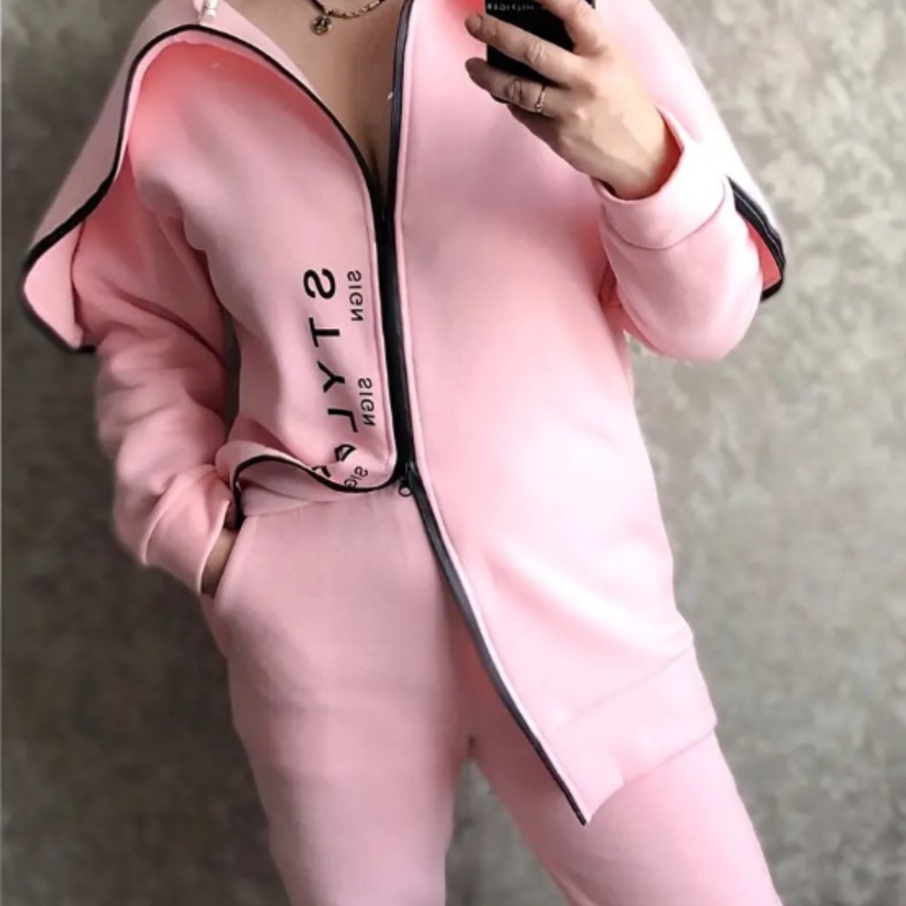 New  Pink Zipper Hoody & Sweatpants Set For Fall Winter, Women's work out sz XL